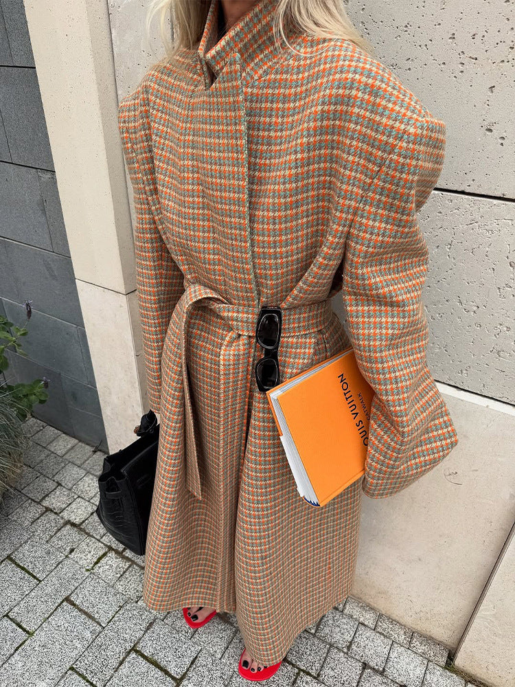 Women Oversize Wool Coat with Houndstooth Pattern and Waist Belt EVA-US
