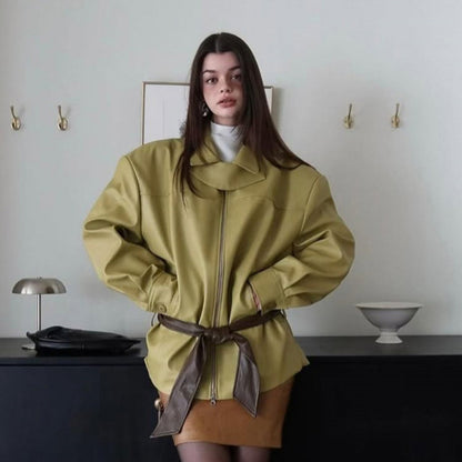 Women's Boxy Faux Leather Jacket with High Stand Collar, Front Zip and Waist Belt EVA-US