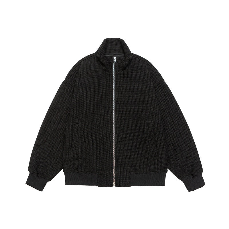 Unisex chunky knit boxy zip jacket with stand-up collar and ribbed cuffs EVA-US