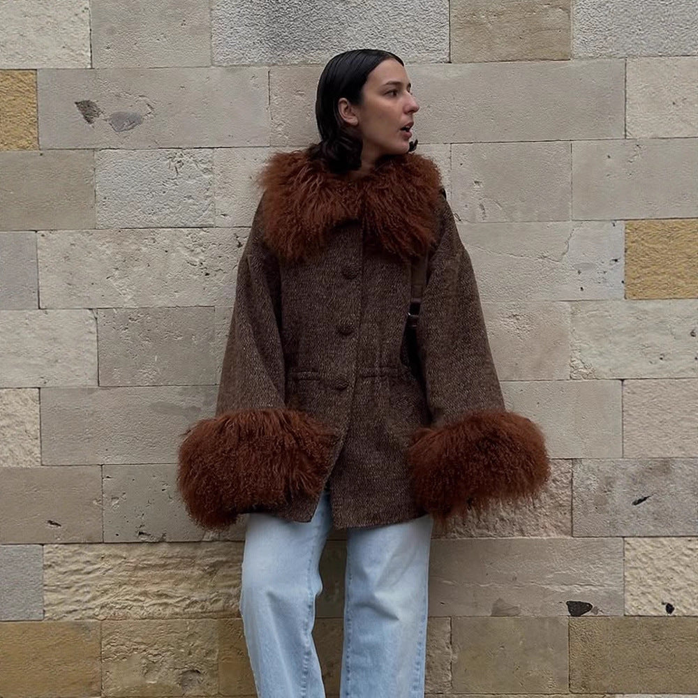 Women's Oversize Wool Blend Brand Coat with voluminous lamb fur imitation collar and extra wide sleeve cuffs EVA-US
