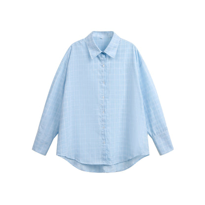 Women's oversized blouse with fine check pattern, drop shoulder and extended back section EVA-US