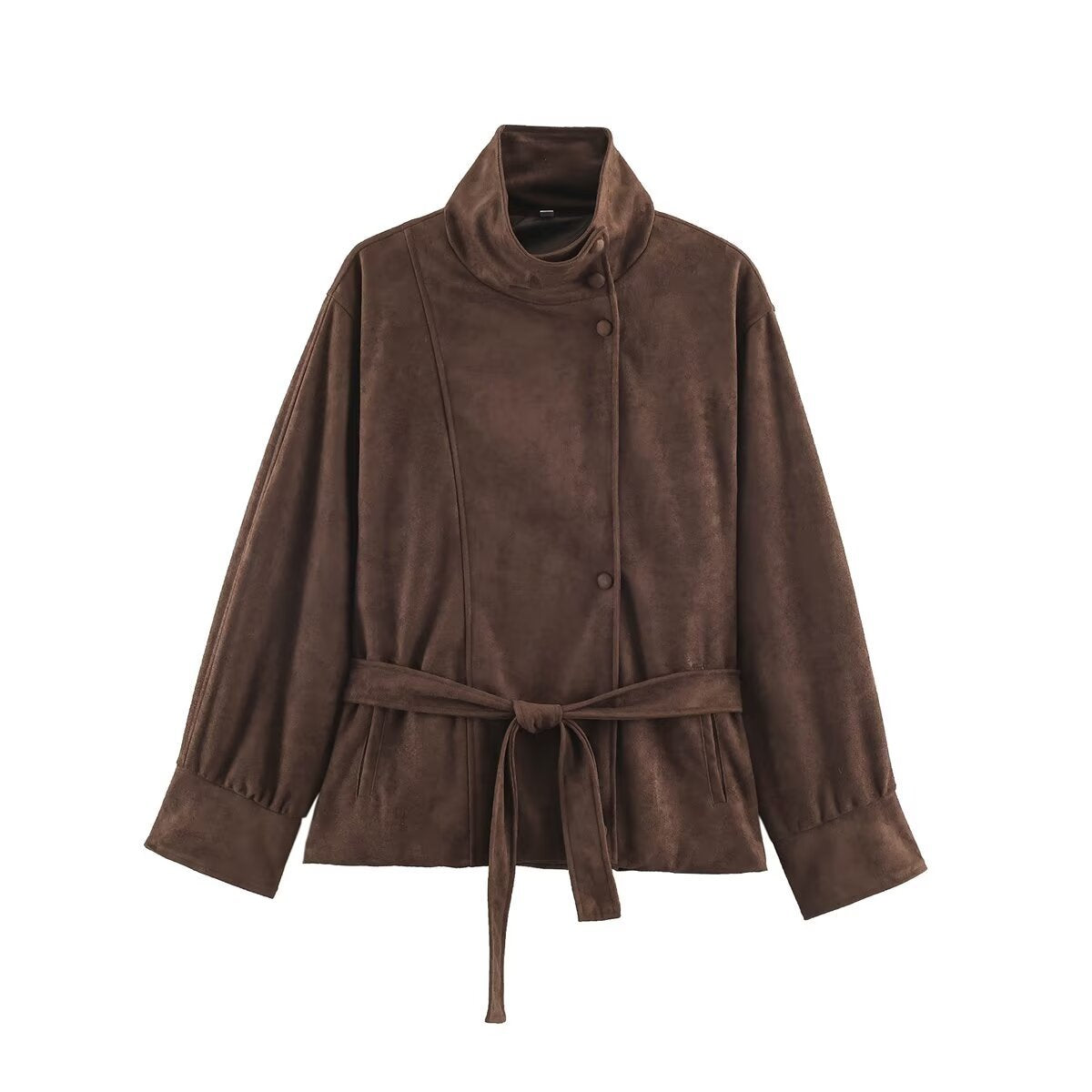 Women's Boxy Wrap Jacket in Velour Look with High Stand-Up Collar and Tie Belt EVA-US