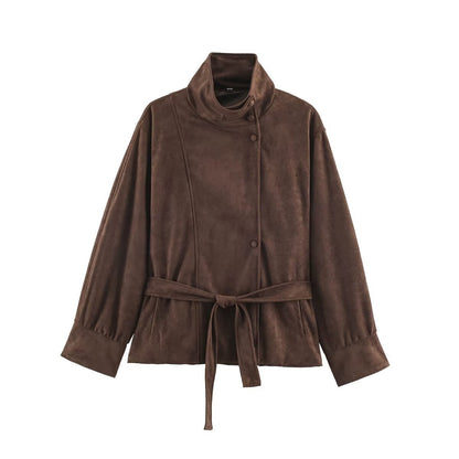 Women's Boxy Wrap Jacket in Velour Look with High Stand-Up Collar and Tie Belt EVA-US