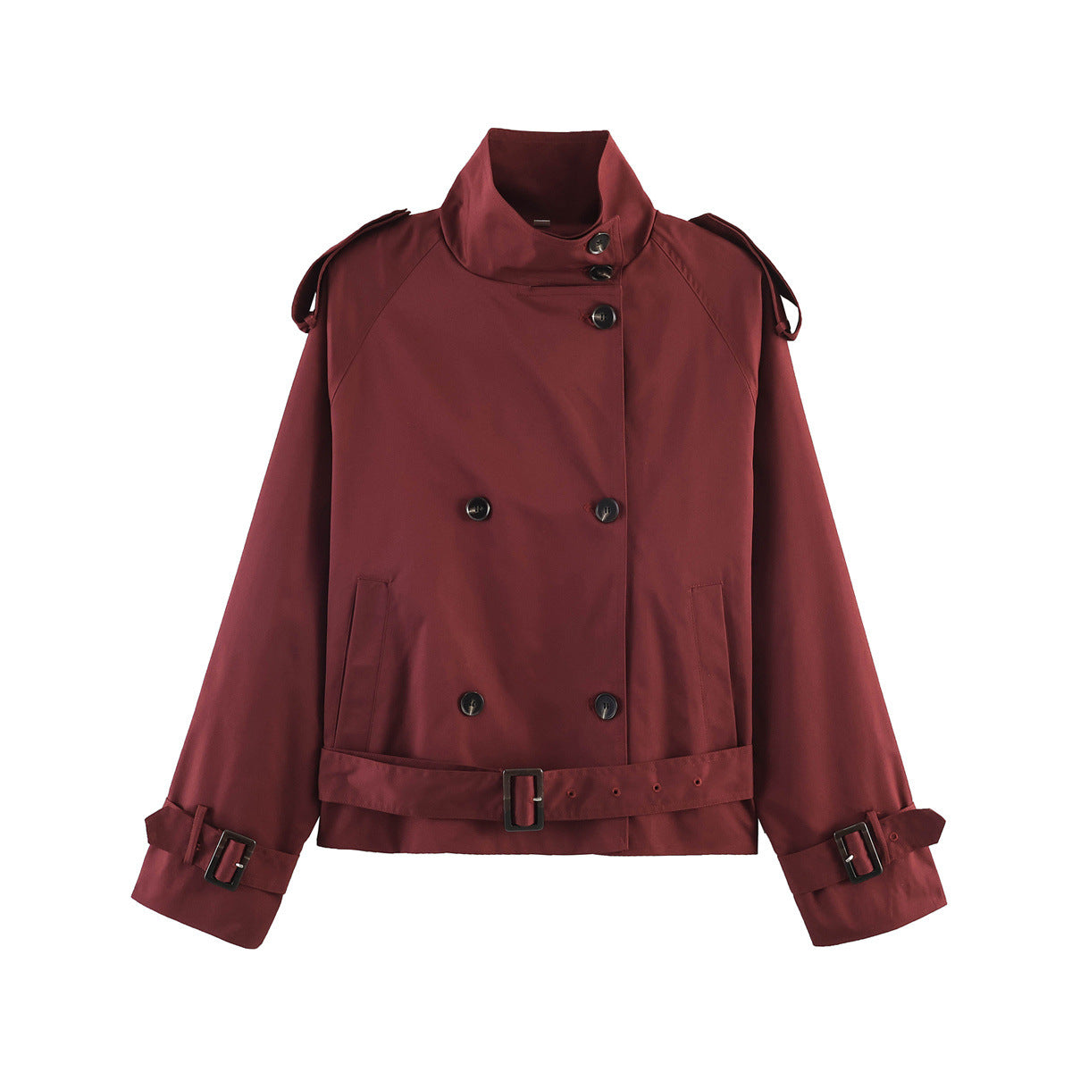 Women's Short Double-Breasted Waist Belt Trench Coat with High Funnel Collar and Shoulder Straps EVA-US