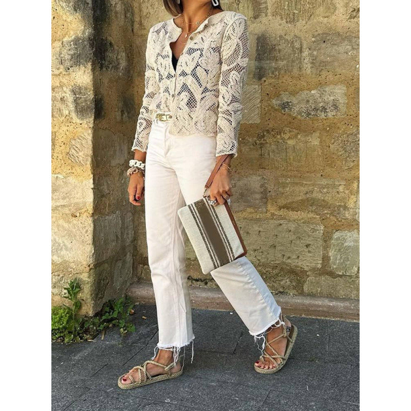 Women's crochet cardigan with floral openwork pattern, button placket & wavy hem EVA-US