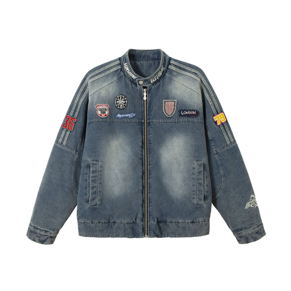 Men's jeans bomber jacket with vintage wash, patch detail and stand-up collar EVA-US