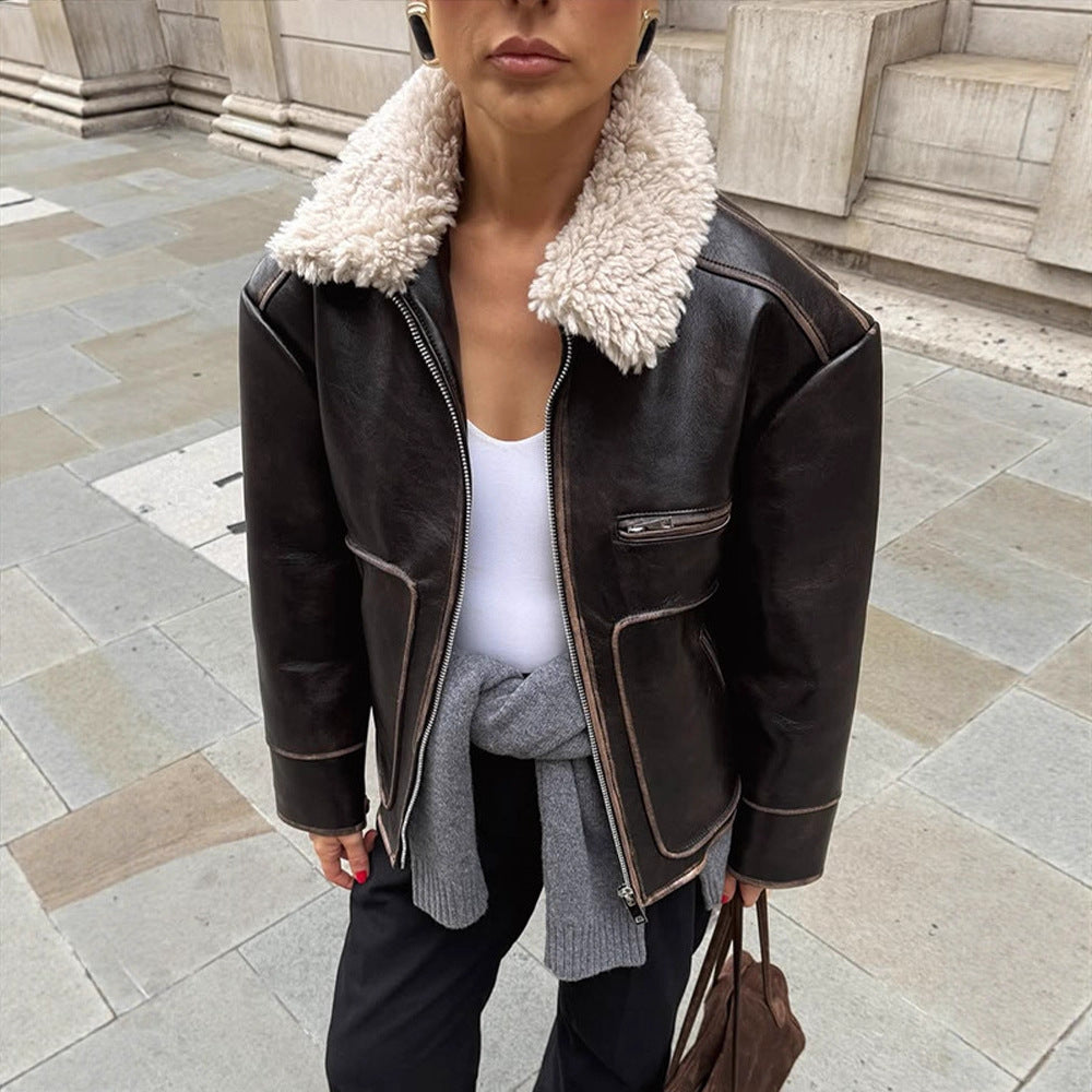 Women Short Cut Leather Imitation Bomber Jacket with Voluminous Teddy Shawl Collar and Distinctive Decorative Seams EVA-US