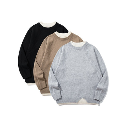 Women's Structured Rib and Waffle Knit Round Neck Sweater with Layered Hem EVA-US