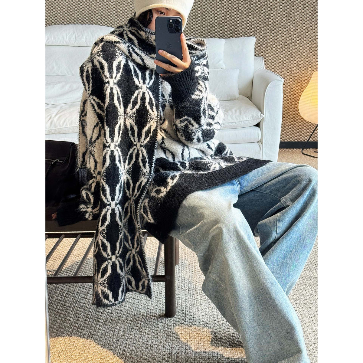 Women Oversize Mohair Look Knit Cardigan with Allover Jacquard Pattern EVA-US