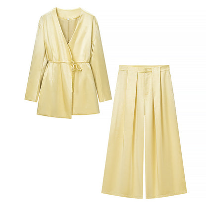 Ladies Two-Piece Satin Ensemble with Wrap Blazer and Wide Pleated Trousers EVA-US