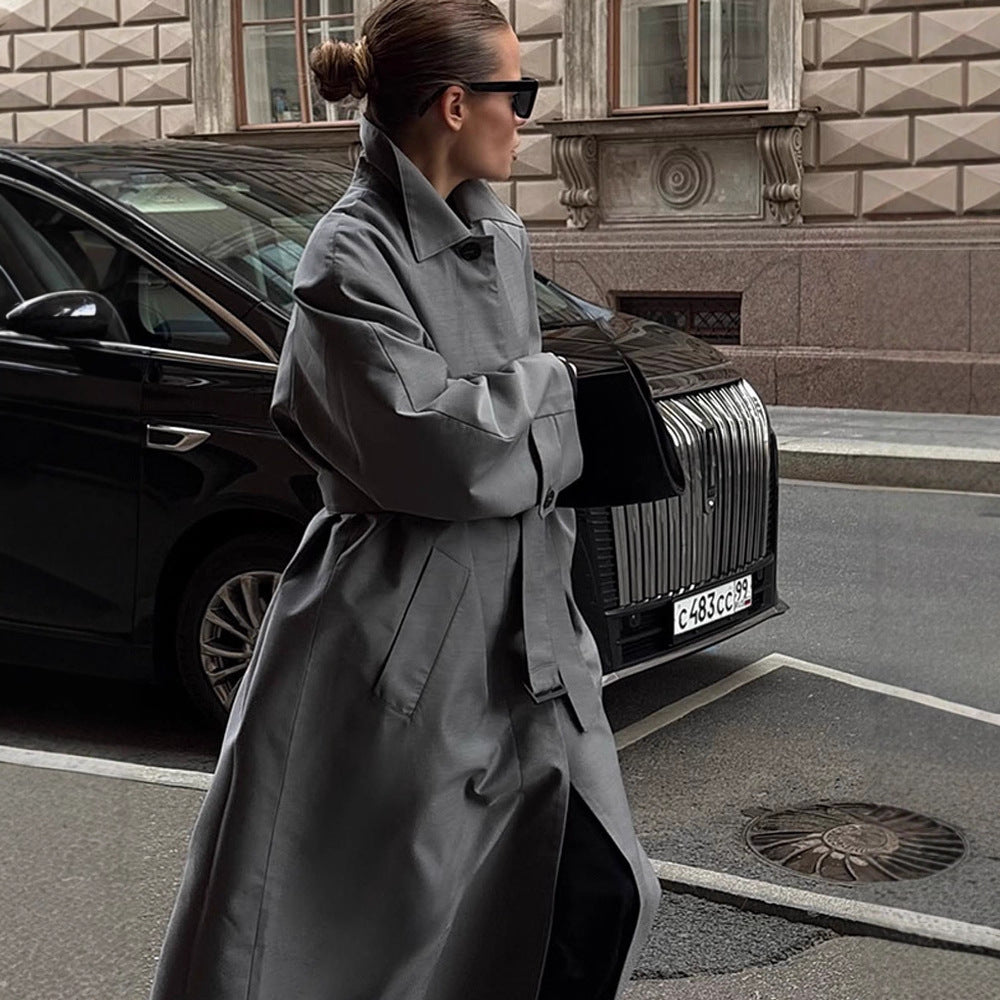 Women Oversized Trench Coat with High Stand Collar, Tie Belt and Concealed Button Placket EVA-US