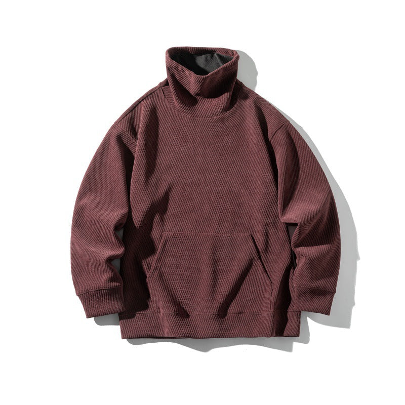 Unisex Oversize Waffle Structure Mock Neck Sweatshirt with Kangaroo Pocket EVA-US
