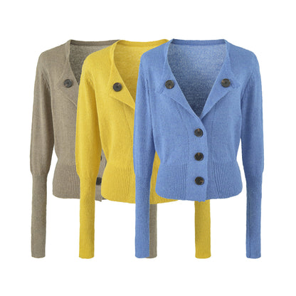 Women's Cropped Tailored Cardigan with Shawl Collar and Large Decorative Buttons EVA-US