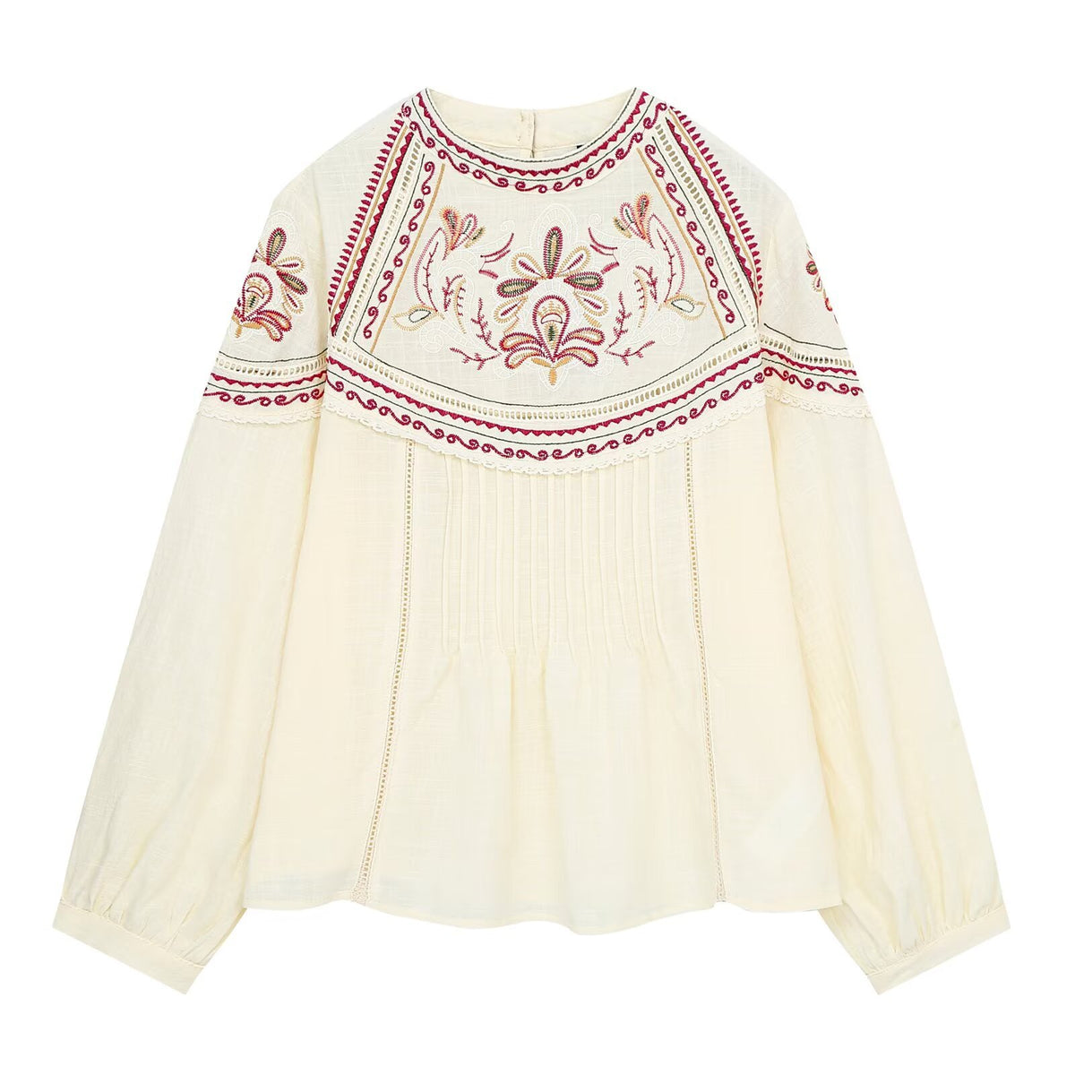 Women Embroidered Boho Blouse with Round Neck, Pleats and Lace Yoke EVA-US