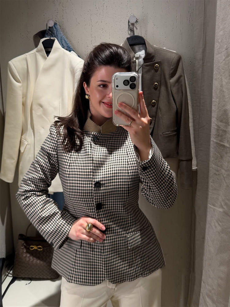 Women's Tailored Short Blazer in Vichy Check with Stand Collar and Curved Hem EVA-US