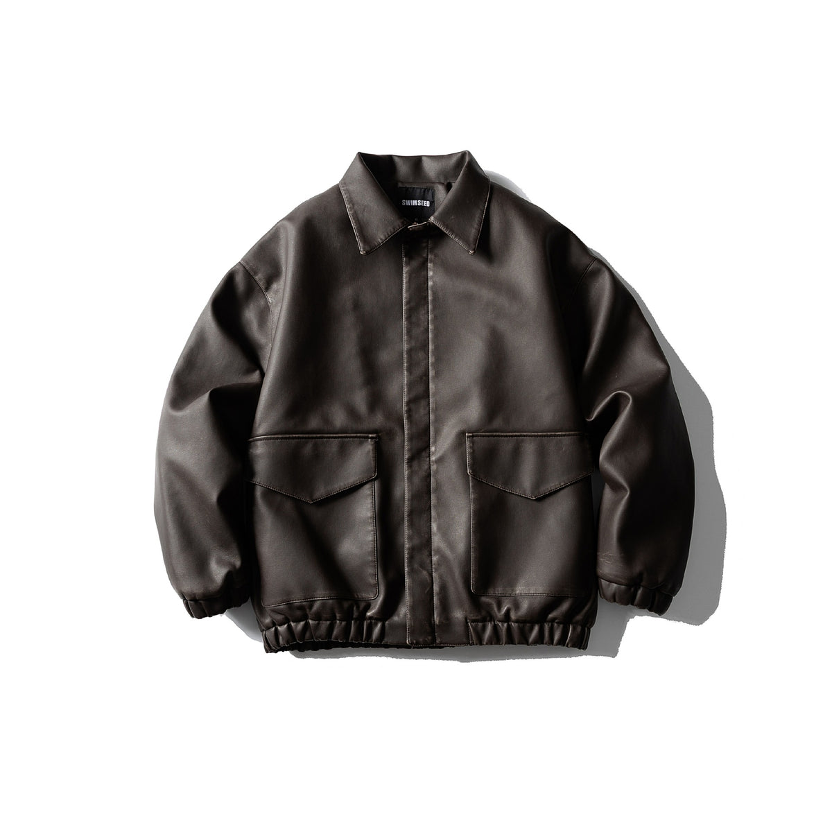 Men's Oversized Faux Leather Bomber Jacket with Flap Pockets, Concealed Closure and Elastic Hem EVA-US