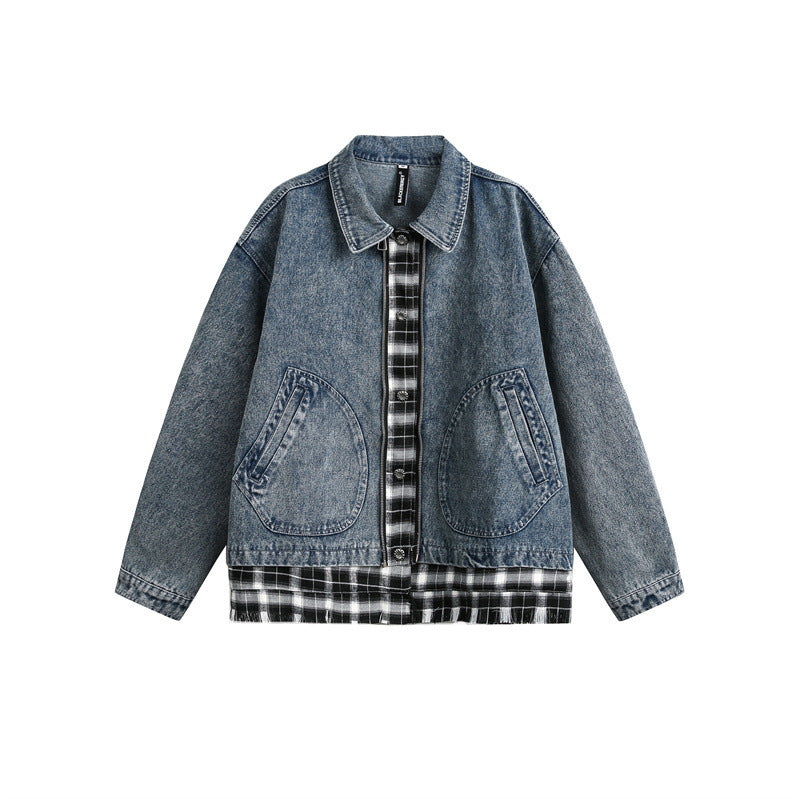 Unisex Kastig cut Denim jacket in layered look with checked lining EVA-US