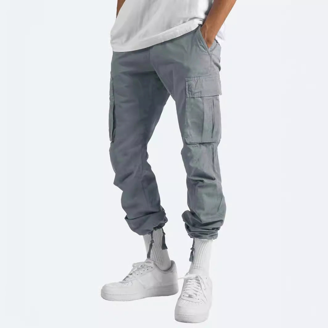 Men's casual cotton cargo pants with multi-pockets and adjustable hem EVA-US