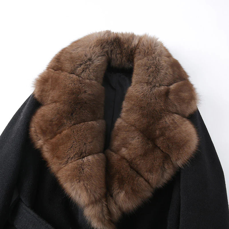 Women short coat with detachable faux fur shawl collar and belt EVA-US