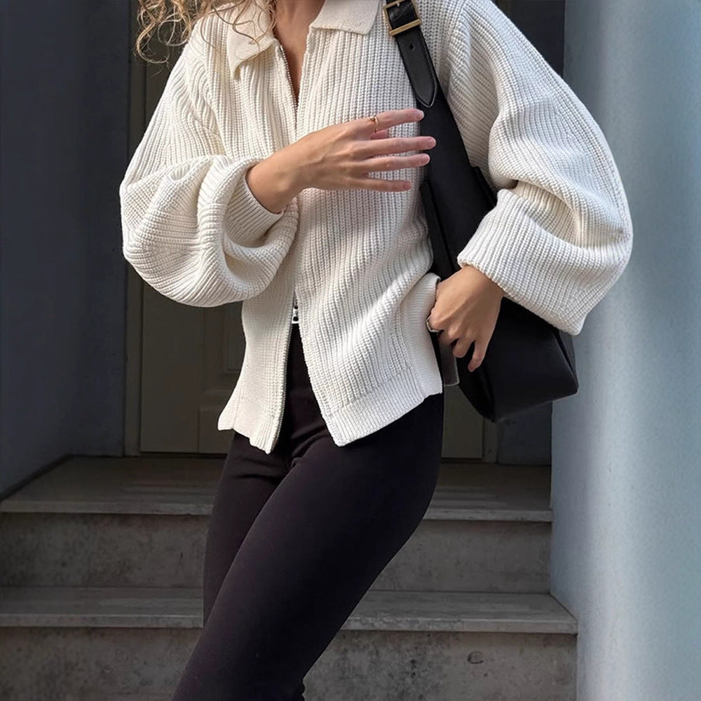Women's Ribbed Cardigan with Zipper, Shirt Collar & Balloon Sleeves EVA-US