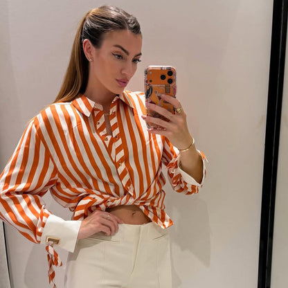 Women Striped Oversize Shirt Blouse with Contrasting Cuffs & Knot Ends EVA-US