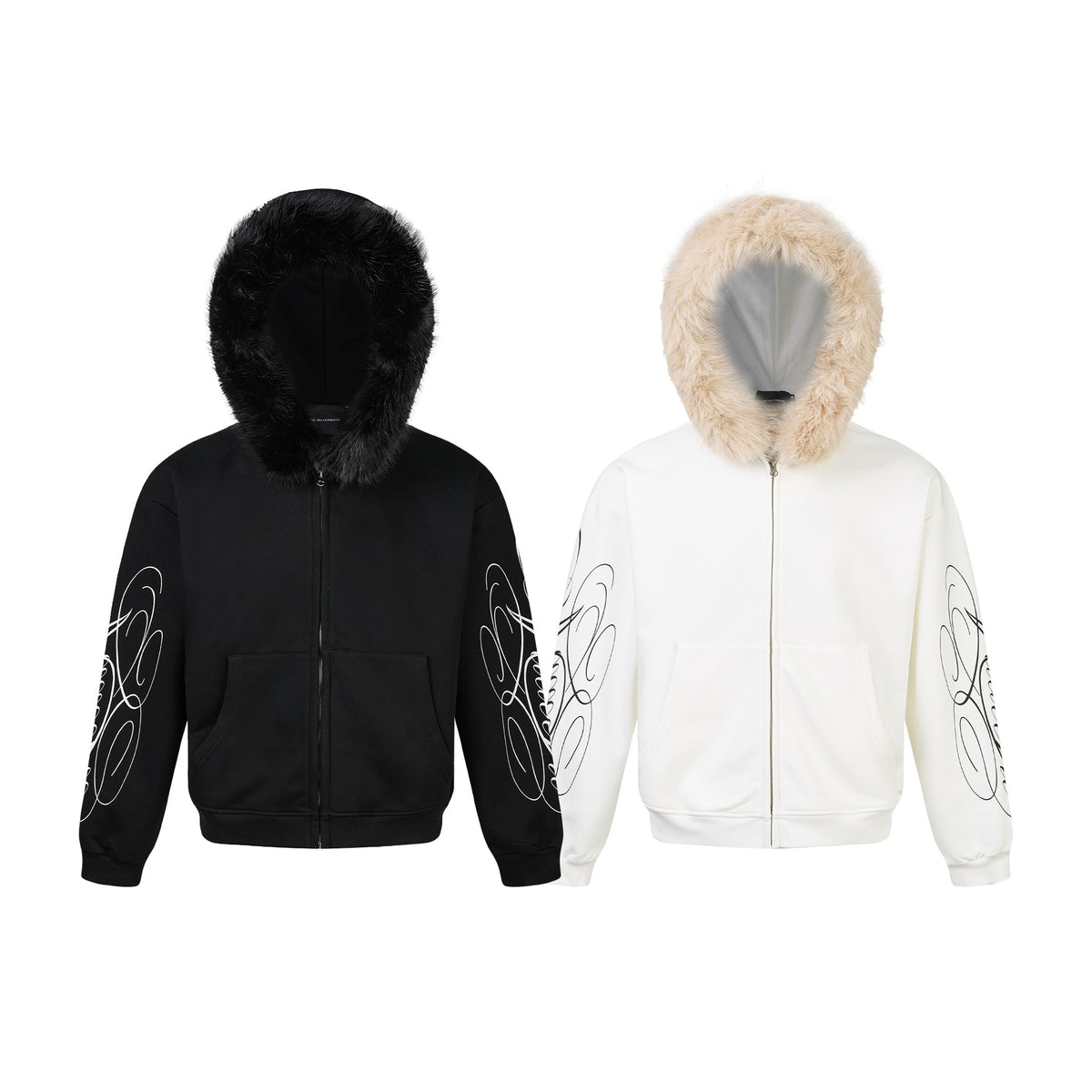 Unisex Oversize Hoodie Jacket made of cotton blend with removable faux fur trim and graphic sleeve prints EVA-US