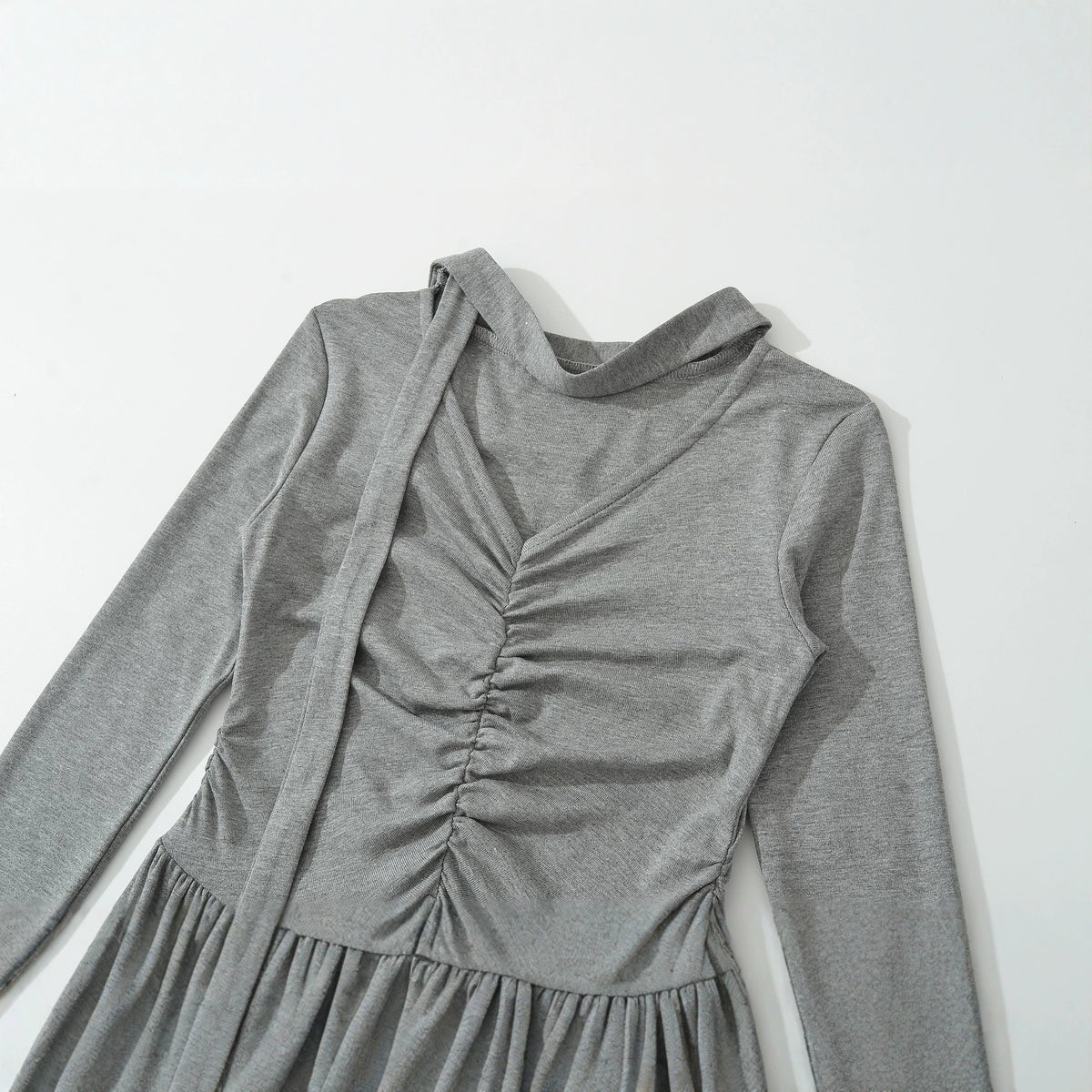 Women Long Jersey Maxi Dress with Gathering, V-Neck and Tied Scarf EVA-US