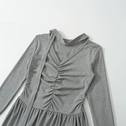 Women Long Jersey Maxi Dress with Gathering, V-Neck and Tied Scarf EVA-US