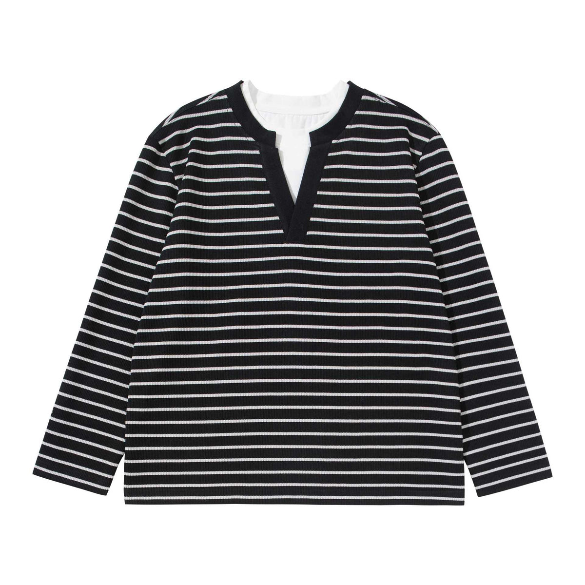 Women Striped Knit Shirt with V-Neck and Layered Look EVA-US