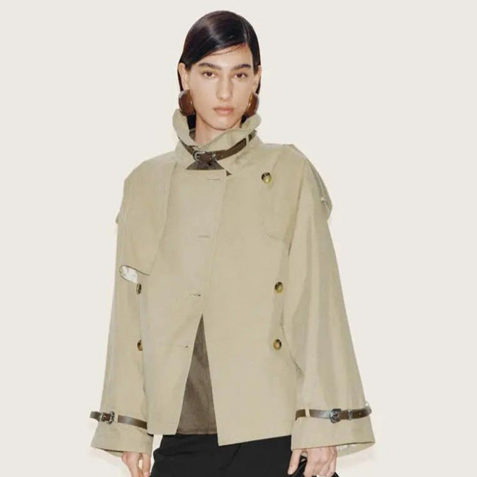 Women Short Boxy Trench Coat with Wide Lapels, Shoulder Straps and Adjustable Cuffs EVA-US