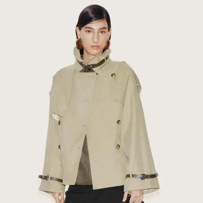 Women Short Boxy Trench Coat with Wide Lapels, Shoulder Straps and Adjustable Cuffs EVA-US