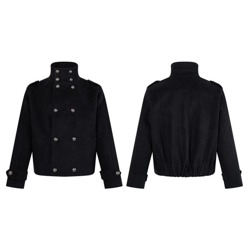 Women Short Double-Breasted Military Cab Jacket with Stand Collar and Epaulettes EVA-US