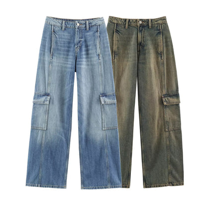 Women's cargo jeans with wide legs, high waist and patch thigh pockets EVA-US
