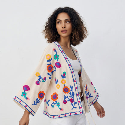 Women embroidered linen wrap jacket with folkloric flower appliqués EVA-US