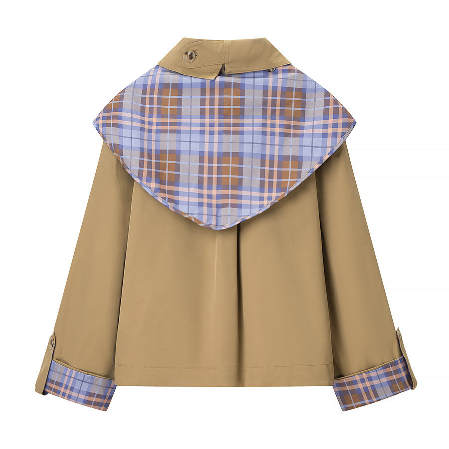 Women's Short Jacket with Removable Check Scarf Collar and Embroidered Patch Pocket EVA-US