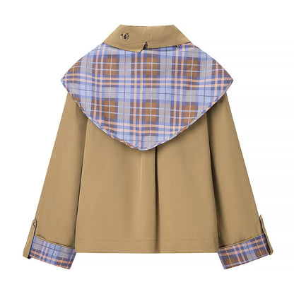 Women's Short Jacket with Removable Check Scarf Collar and Embroidered Patch Pocket EVA-US