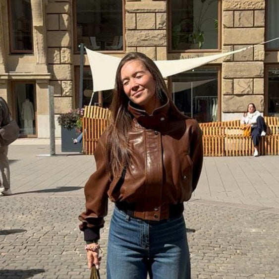 Women's short-cut leather blouse jacket with high stand-up collar and balloon sleeves EVA-US