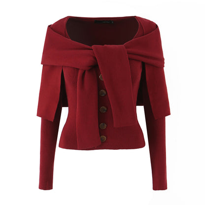 Women's shoulder knit cardigan with removable shoulder shawl detail EVA-US
