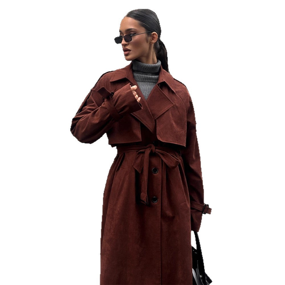Women's long trench coat made of suede imitation with double button placket EVA-US