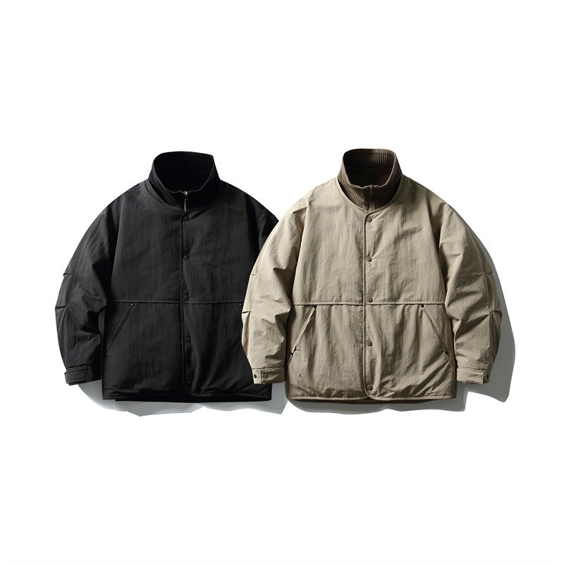 Men's Oversized Padded Leisure Jacket with Ribbed Collar and Snap Button Placket EVA-US
