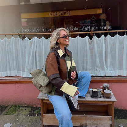 Women Patchwork Leather Jacket with Zipper and Oversize Boxy Cut EVA-US
