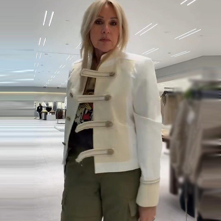Ladies short jacket in military-inspired satin look with stand-up collar EVA-US
