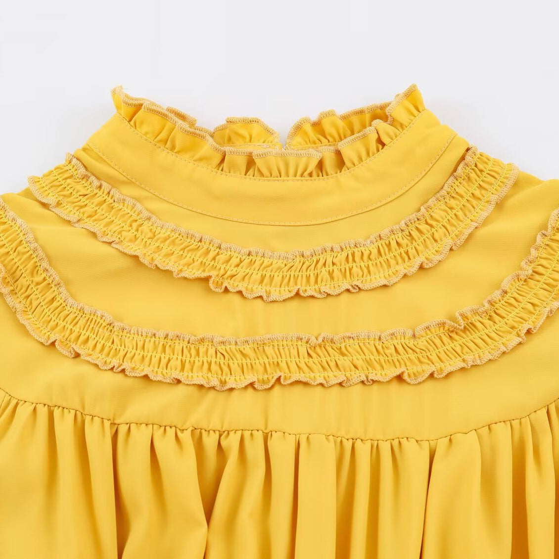 Women’s Ruffle Midi Dress with High Stand Collar, Tiered Skirt and Waist Smocking