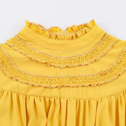 Women’s Ruffle Midi Dress with High Stand Collar, Tiered Skirt and Waist Smocking