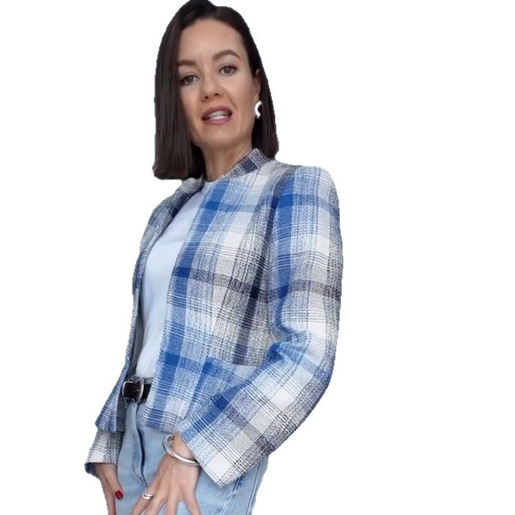 Women’s Boxy Checkered Short Blazer with Stand Collar and Structured Shoulder Area EVA-US