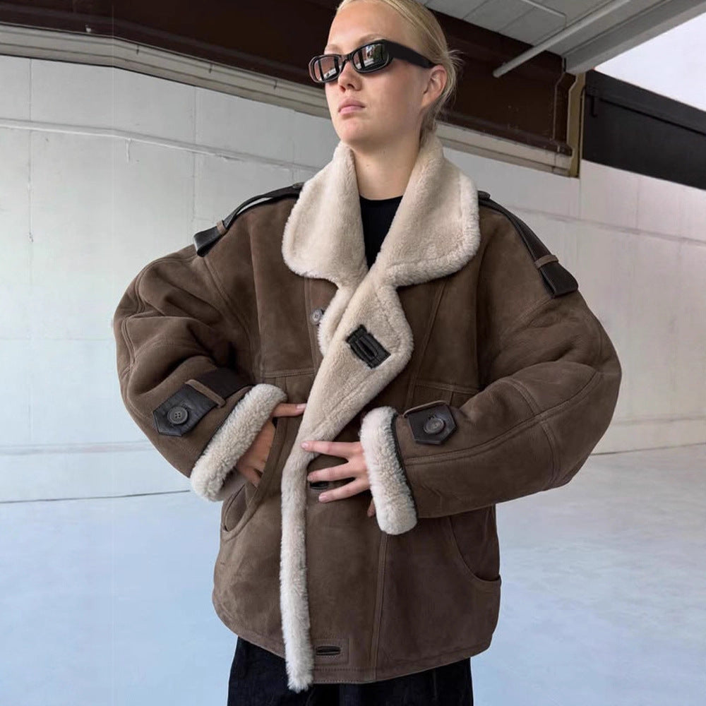 Women Oversize Shearling-Faux Pilot Jacket with Contrasting Trimmings & Buckle Details EVA-US
