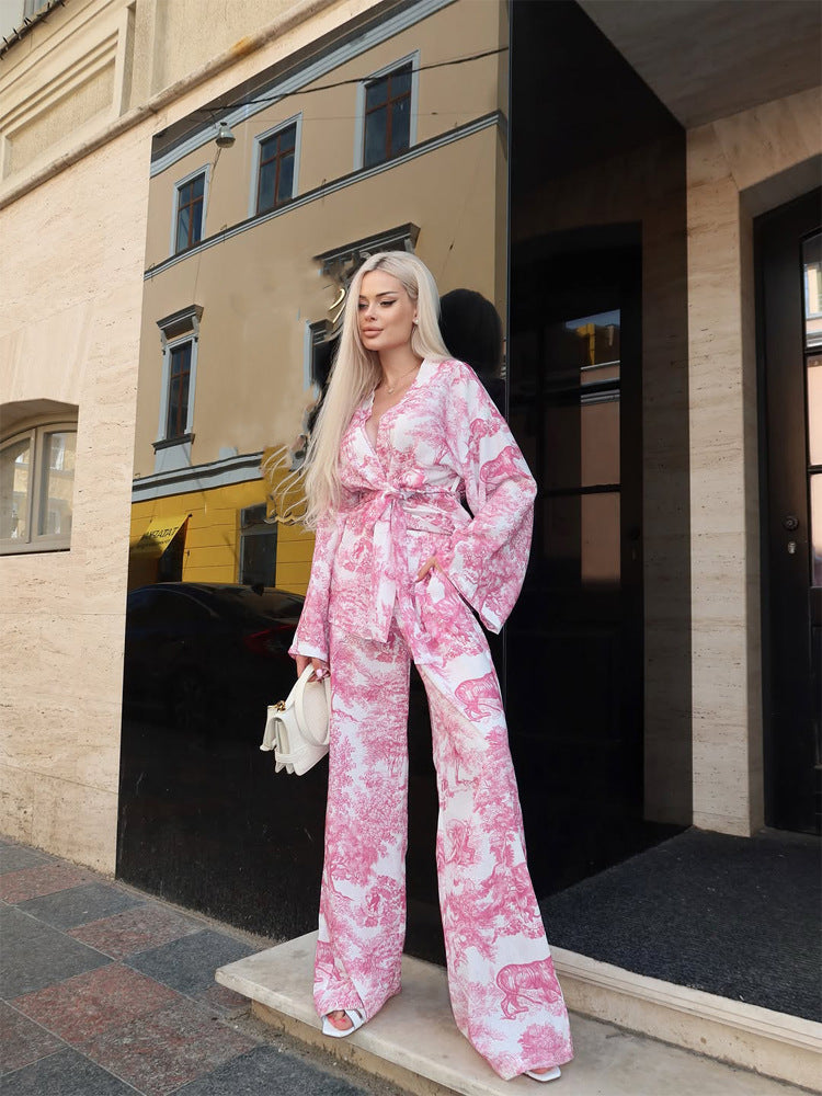Ladies Two-Piece Wrap Set in Kimono Style with Wide Leg EVA-US