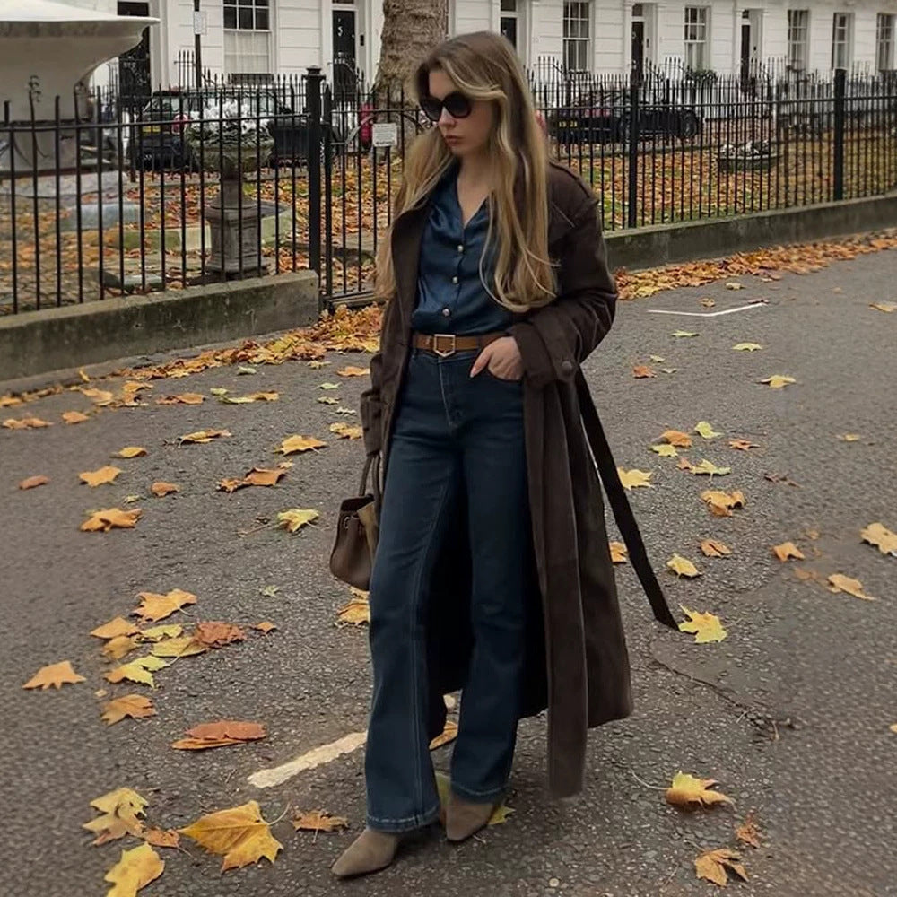 Ladies Long Cut Suede Trench Coat with Oversized Collar and Tie Belt EVA-US