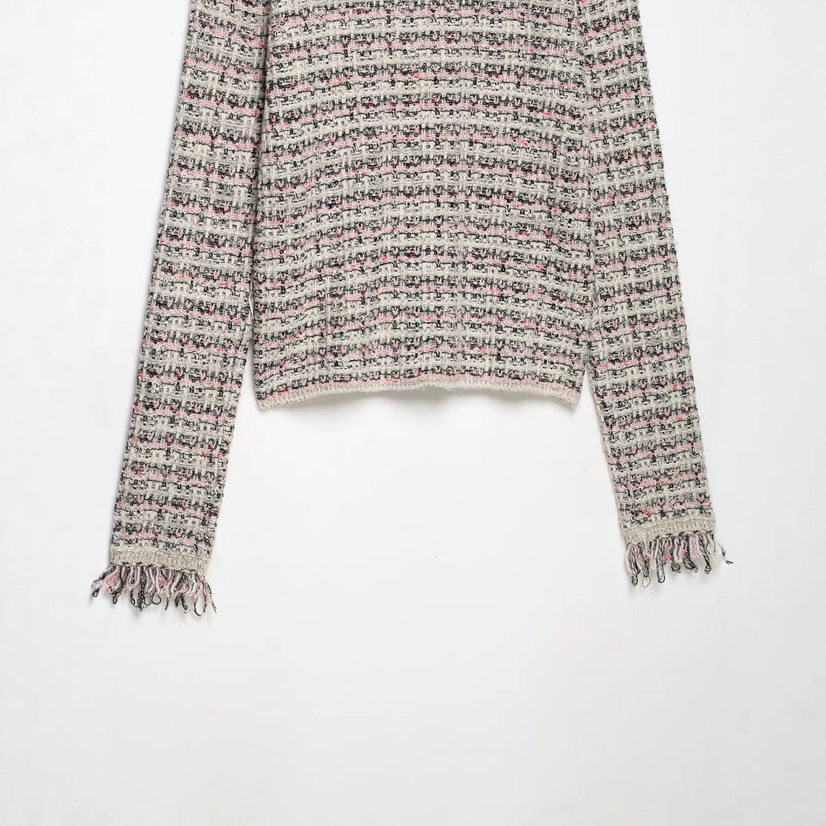 Women's tweed cardigan with round collar, continuous button placket and fringe trim EVA-US