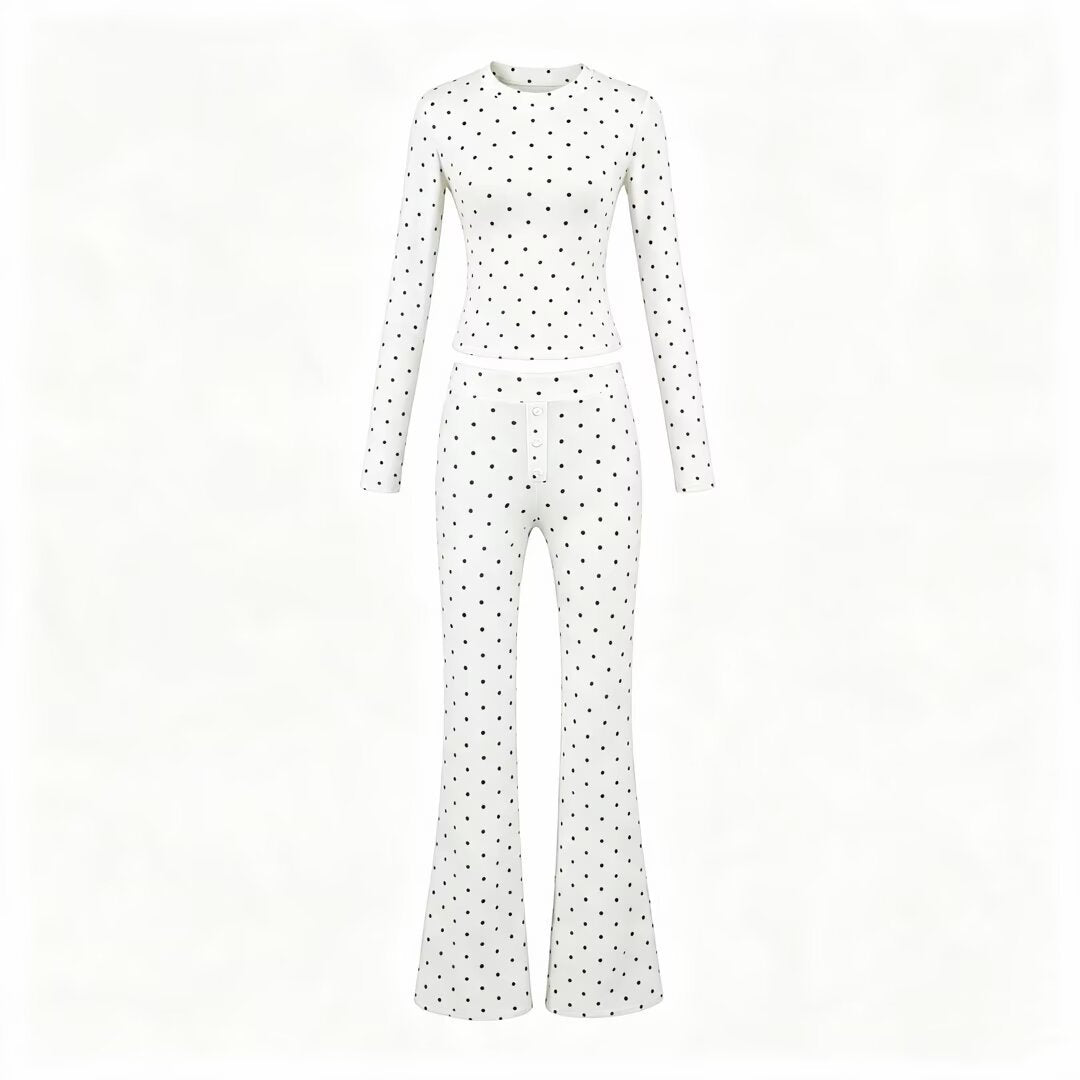 Women Two-Piece Stretch Jersey Lounge Set with Cropped Long Sleeve and High-Waist Flared Pants EVA-US